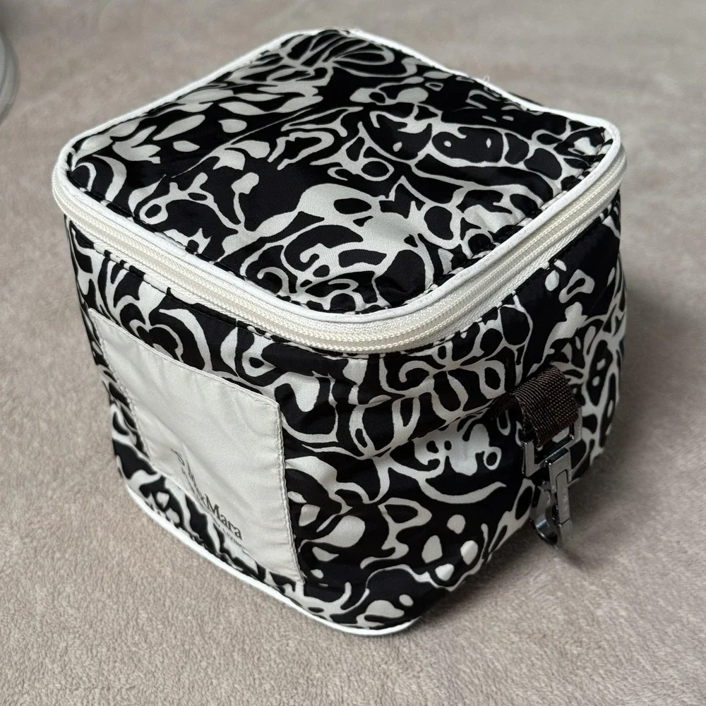 S‎ MaxMara Cosmetic Makeup Bag Travel Case Black White Print Zipper Pockets
